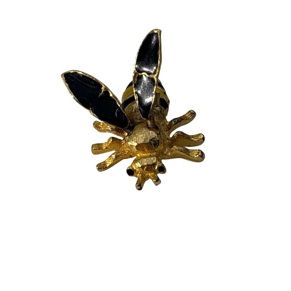 Vintage Gold Tone Black Yellow Enamel Trembler Wings Bumble Bee Brooch Pin
